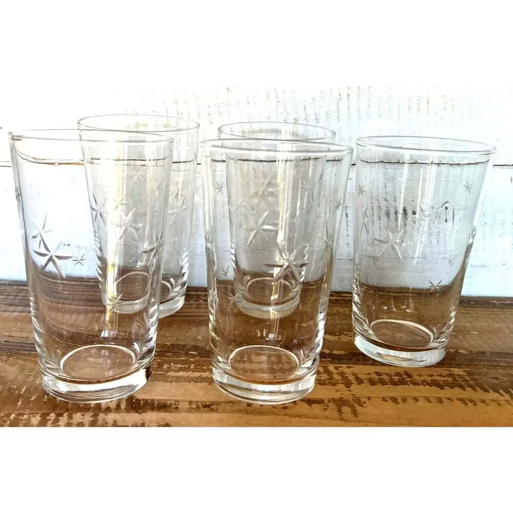 Set of 5 Vintage Quartzex Star Dust Atomic Crystal Flat Tumblers MCM Barware 5